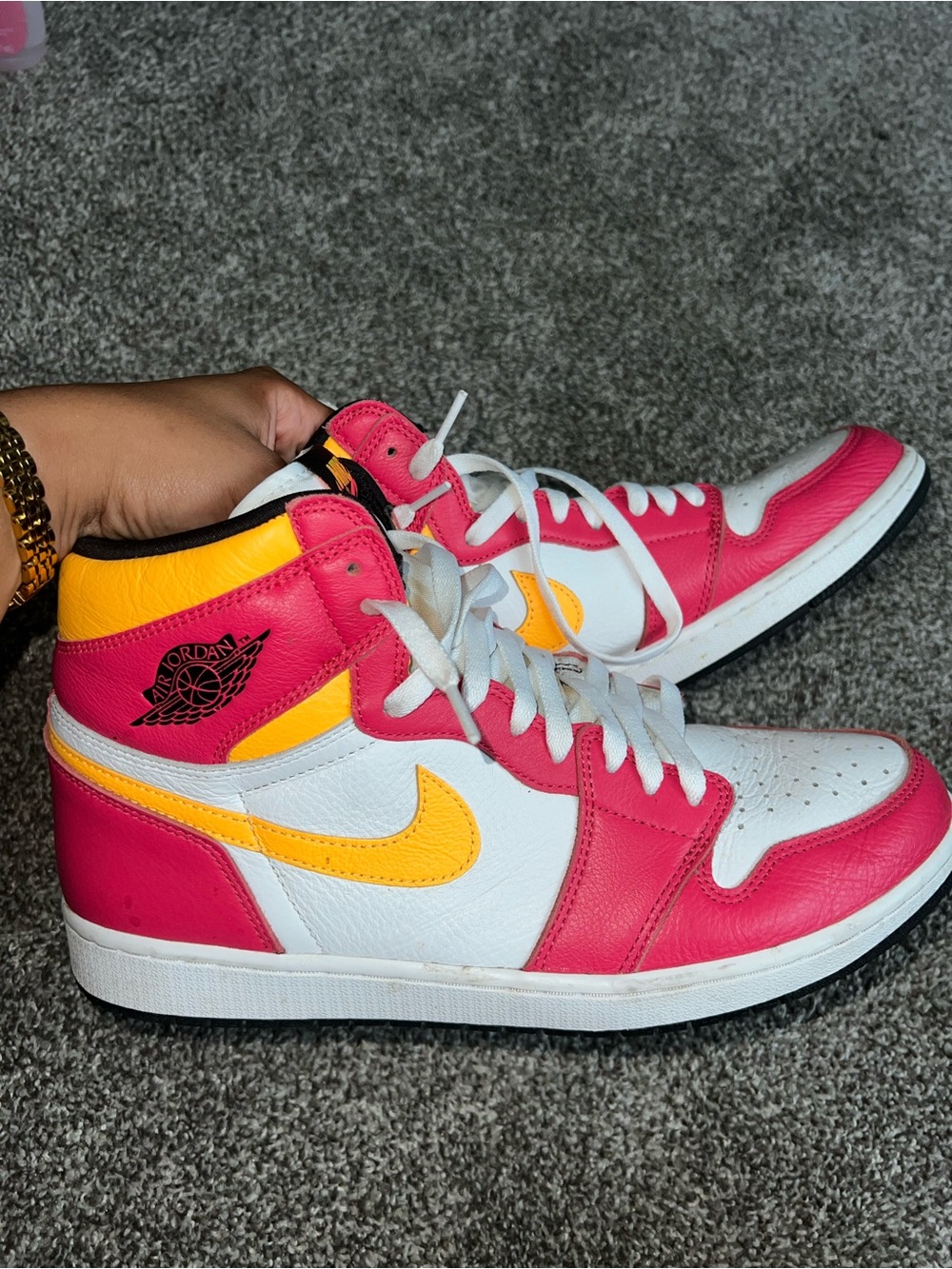 Jordan High-Top Sneakers in Pink, Yellow & White